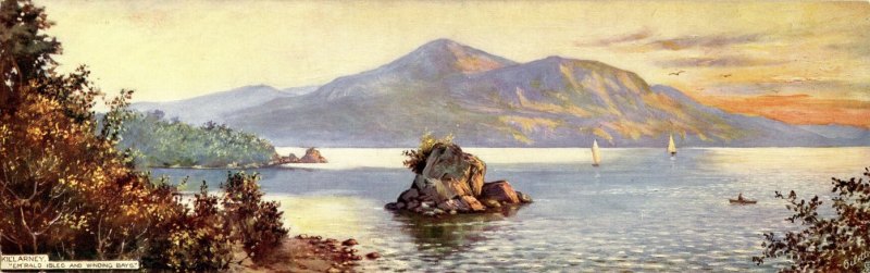 killarney-ireland-lake-of-learning-lough-leane-panoramic-oilette-vintage-postcard-by-raphael-tuck-11-inches-long-number-6638-sailboat-2377me